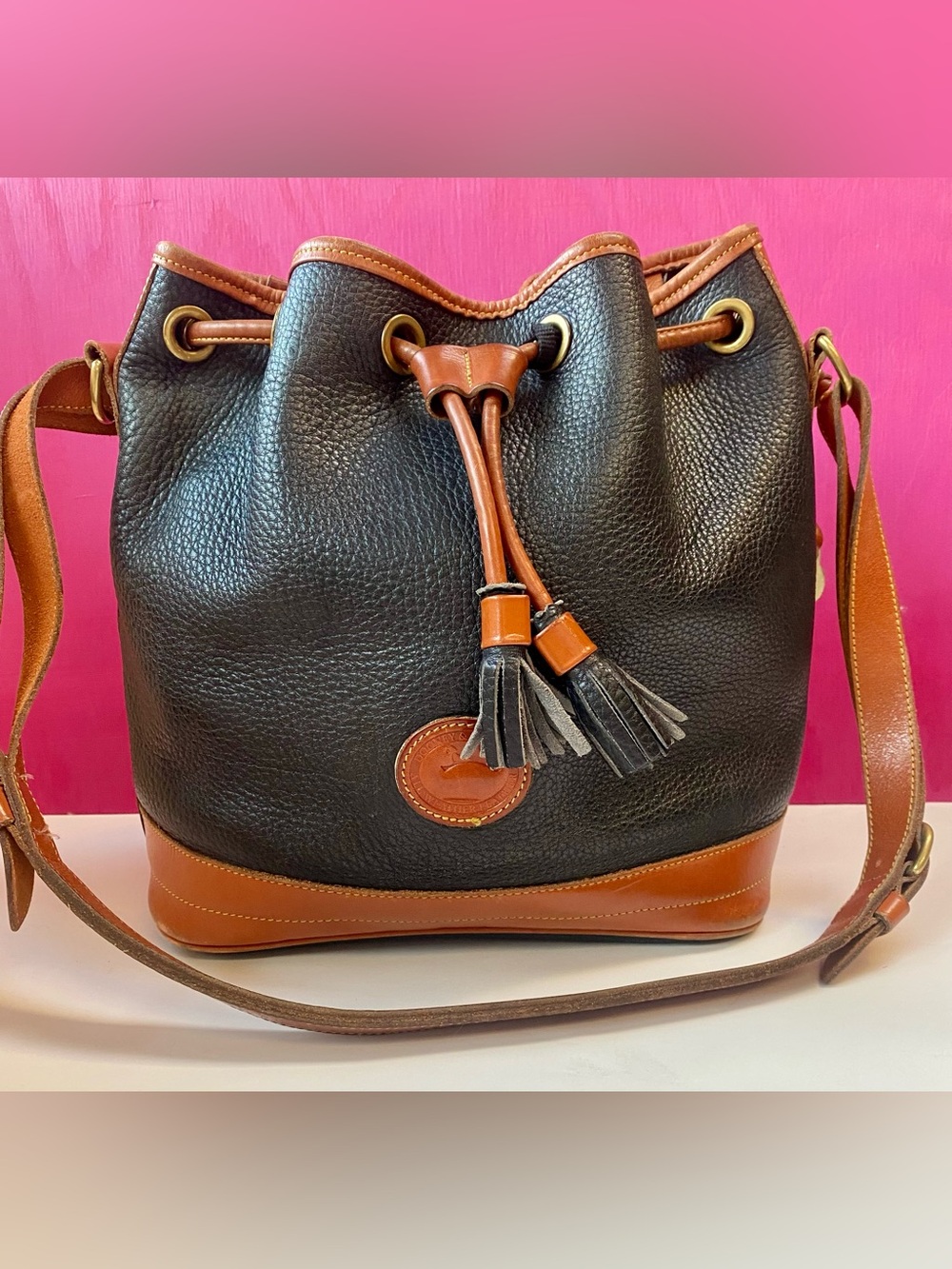 Dooney & Bourke Black and Brown Pebbled Leather Bucket Bag, Vintage 90s Purse